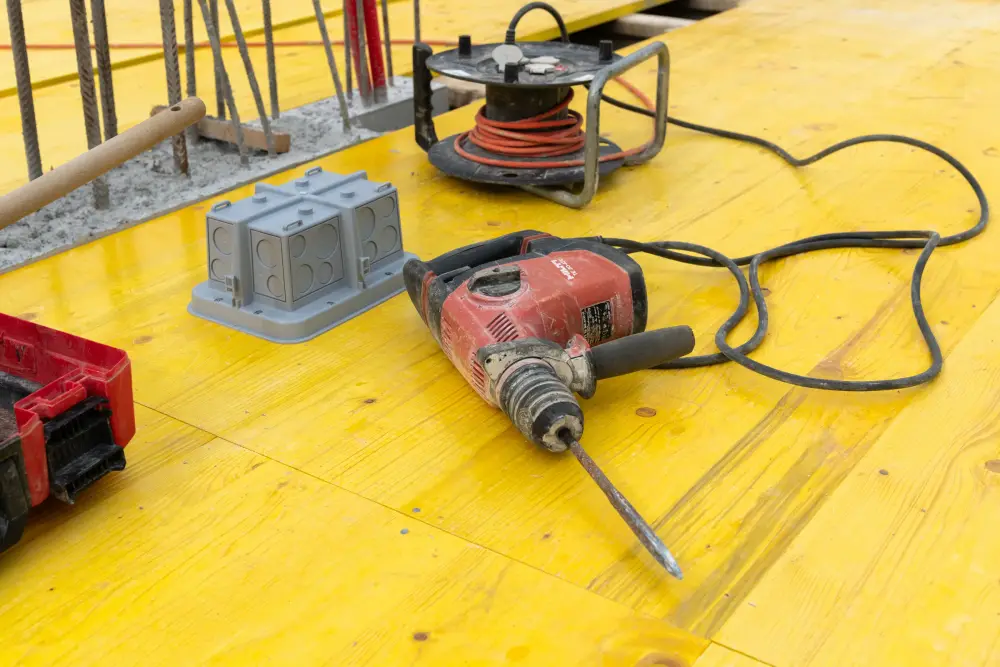 Bohrhammer und Bohrer bereitgelegt auf der Baustelle